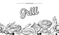 Grill Food Doodle Seamless Pattern. Monochrome Drawing with Meat or Fish Steaks, Sausages, Barbecue Machine, Turner