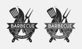 Barbecue restaurant logo. Grill fork and Spatula isolated on fire flame. Vintage BBQ emblem. Template. Vector illustration Royalty Free Stock Photo