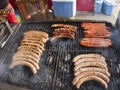 Grill frying fresh meat barbecue sausages, BBQ picnic sandwich store