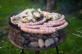 Grill garden party with sausages and meat Royalty Free Stock Photo