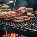 A grill with hamburgers and hot dogs cooking on it, AI