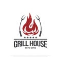 Grill house barbecue logo design with grunge style, retro BBQ vector, barbeque bar and restaurant icon, Red fire icon vector Royalty Free Stock Photo