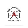 Grill house barbecue logo design with grunge style, retro BBQ vector, barbeque bar and restaurant icon, Red fire icon vector Royalty Free Stock Photo