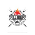 Grill house barbecue rustic logo design, retro BBQ vector, barbeque bar and restaurant icon, Red fire icon Royalty Free Stock Photo