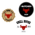 Grill house, butcher shop and bbq party vintage style logos or labels with red bull or cow head. Vector illustration Royalty Free Stock Photo