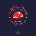 Grill house logo. Logo of butchery shop or restaurant. Tasty steak with rays and letters in a circle.