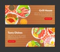 Grill House Tasty Dishes Landing Page Templates Set, Top View of Table with Healthy Delicious Dishes, Food Online Royalty Free Stock Photo