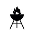 Grill icon. Bbq icon. Barbecue with fire for picnic. Barbeque in metal roaster on charcoal. Silhouette for grilling. Illustration