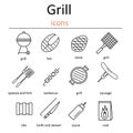 Grill icons. Icons grilling accessories. Oven grill, grill accessories and products.