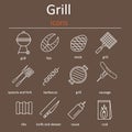 Grill icons. Icons grilling accessories. Oven grill, grill accessories and products.