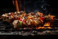 grill with intense flames, ready to cook juicy and flavorful shishkabob