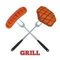 Grill label. Pork, ham and sausage. Barbecue fork, spatula