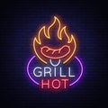 Grill logo in a neon style. Vector illustration on the theme of food, meat of the same. Neon sign, bright symbol, Grill