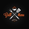 Grill logo vintage emblem. Grill fire and tools on black background