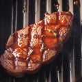 Grill magic Beef flank steak in close up, cooking with mouthwatering aroma