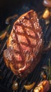 Grill magic Beef flank steak in close up, cooking with mouthwatering aroma