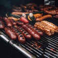 A grill with many different types of hot dogs and sausages, AI Royalty Free Stock Photo