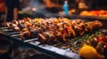 A grill with many different types of meat on skewers, AI Royalty Free Stock Photo