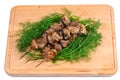 Grill meat on a sticks with green on wooden plate Royalty Free Stock Photo