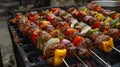 A grill with meat and vegetables on it cooking over an open flame, AI Royalty Free Stock Photo