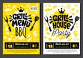 Grill Time Party BBQ food poster. Grilled food, meat fish vegetables grill appliance fork knife chicken shrimps lemon spice. Royalty Free Stock Photo