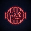 Grill menu neon logo. BBQ grill neon sign on wall Royalty Free Stock Photo