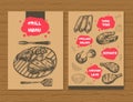 Grill menu template. Ready design BBQ menu for restaurant, bar, etc. Hand drawn sketch meat products. Vector illustration.