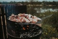 Grill outdoors with chicken being fried on it Royalty Free Stock Photo
