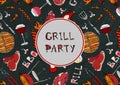 Grill Party. Seamless Pattern of Summer BBQ Grill Party. Glass Red, Rose White Vine, Steak, Sausage, Barbeque. Black Board Backgro Royalty Free Stock Photo