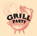 Grill party. Summer barbecue picnic in backyard with grilled food. Cookout BBQ concept. Sketch vector illustration Royalty Free Stock Photo