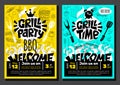 Grill Party Time BBQ food poster. Grilled food, meat fish vegetables grill appliance fork knife chicken shrimps lemon spice. Royalty Free Stock Photo