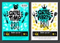 Grill Party Time BBQ food poster. Grilled food, meat fish vegetables grill appliance fork knife chicken shrimps lemon spice. Royalty Free Stock Photo