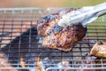 Grill pork neck on stove with flame Royalty Free Stock Photo