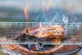Grill pork neck on stove with flame Royalty Free Stock Photo