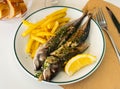 Grilled mackerel fish with french fries and lemon Royalty Free Stock Photo