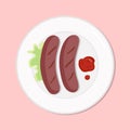 Grill sausages with salad healthy diet meal on plate. Vector illustration. Simple flat stock nutrition image. Breakfast barbeque