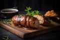 Grill sausages on the wooden plate