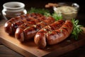 Grill sausages on the wooden plate