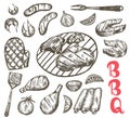 Grill Sketch food set. BBQ food is sausages, ribs, shrimp, salmon, steak, vegetables, chicken. Royalty Free Stock Photo