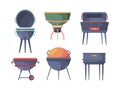 Grill stand. Bbq traditional outdoor picnic party items preparing hot steak stove burn vector illustrations