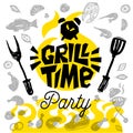 Grill Time food poster. Grilled food, meat fish vegetables grill appliance fork knife chicken shrimps lemon spice. Royalty Free Stock Photo