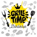 Grill Time food poster. Grilled food, meat fish vegetables grill appliance fork knife chicken shrimps lemon spice. Royalty Free Stock Photo