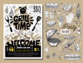 Grill Time Party BBQ food poster. Grilled food, meat fish vegetables grill appliance fork knife chicken shrimps lemon spice. Royalty Free Stock Photo