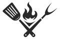 Grill tools with fire. Black barbecue logo. Meat cooking sign