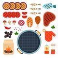 A set of grilling equipment and pieces of vegetables, meat and fish for bbq flat isolated