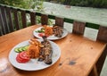 grill Trout fish skewer in Turkish style with salad Royalty Free Stock Photo