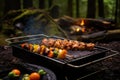 grill with turkey skewers at a campsite Royalty Free Stock Photo