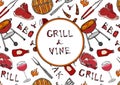 Grill and Vine. Seamless Pattern of Summer BBQ Grill Party. Glass of Red, Rose, White Vine, Steak, Sausage, Barbeque Grid, Tongs, Royalty Free Stock Photo