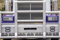 Grille guard and front part of big rig classic blue powerful semi truck