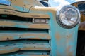 The grille and headlamp of an antique Chevrolet truck parked in Pomeroy, Washington, USA - May 4, 2021